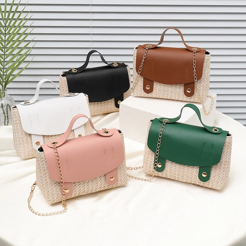 Geweven Stro Crossbody Tas Dames PU Leer Patchwork Handtas Zomer Strand Vakantie Chique Messenger Met Metalen Ketting