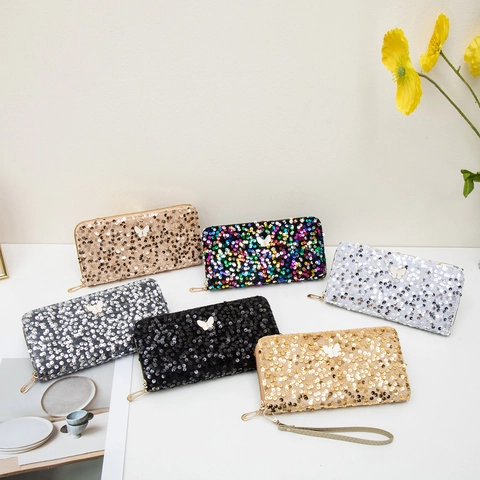Damen Geldbörse Lang Pailletten Glitzernd Schmetterling Dekor Reißverschluss Clutch Handtasche Mit Handschlaufe Mode Elegant