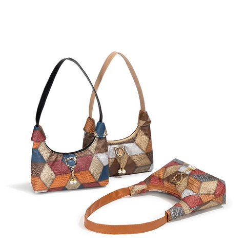 Borsa A Spalla Sottobraccio Patchwork Pelle PU Trama Coccodrillo Serpente Anello Gatto Pendente Perla Artificial Retro Moda Per Donne