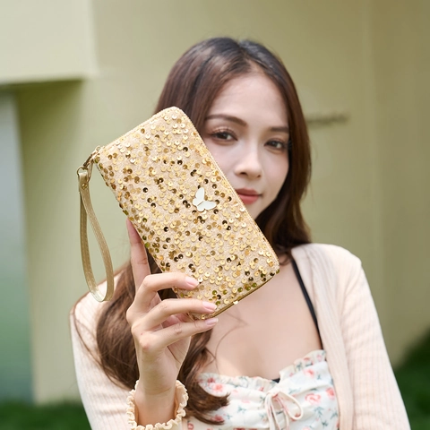 Damen Geldbörse Lang Pailletten Glitzernd Schmetterling Dekor Reißverschluss Clutch Handtasche Mit Handschlaufe Mode Elegant