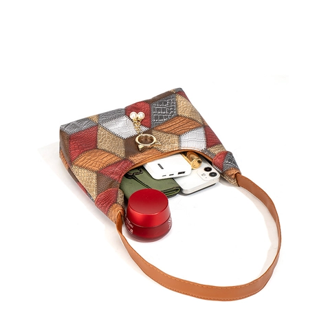 Borsa A Spalla Sottobraccio Patchwork Pelle PU Trama Coccodrillo Serpente Anello Gatto Pendente Perla Artificial Retro Moda Per Donne