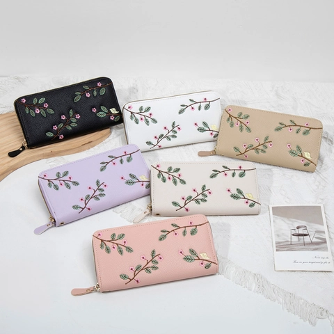 Dames Lange Portemonnee PU Leer Borduurwerk Bloemenpatroon Met Polsbandje Rits Multi Kaartsleuven Clutch