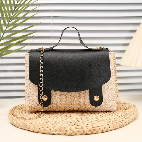 Geweven Stro Crossbody Tas Dames PU Leer Patchwork Handtas Zomer Strand Vakantie Chique Messenger Met Metalen Ketting