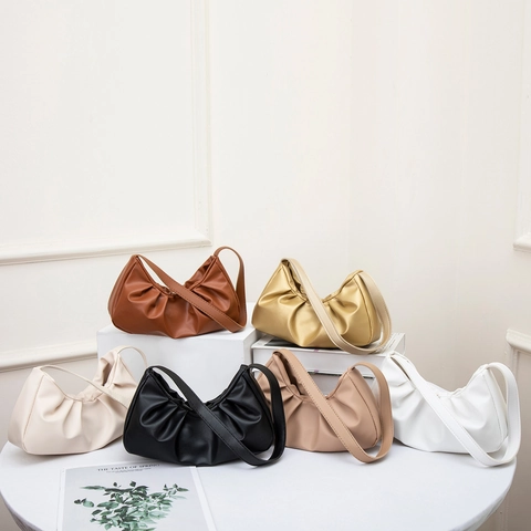 Ruched Underarm Bag PU Leather Pleated Cloud Shoulder Bag Trendy Minimalist Lightweight Handbag For Women