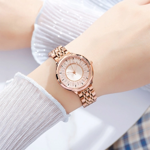 Elegante Orologio Al Quarzo Da Donna Cinturino In Lega Oro Rosa Lunetta In Cristallo Strass Impermeabile