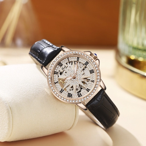 Damen Mechanische Uhr Skelett Stern Zifferblatt Strass Luxus Römische Ziffern Lederarmband Roségold Gehäuse Wasserdicht Elegant