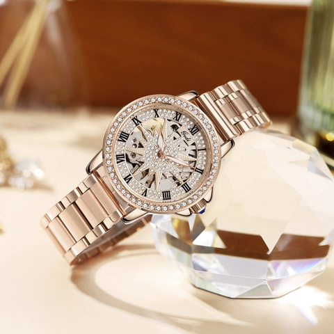 Automatische Mechanische Damenuhr Skelett Hohl Design Strass Sternenhimmel Roségold Wasserdicht Römische Ziffern Luxus Zeitmesser