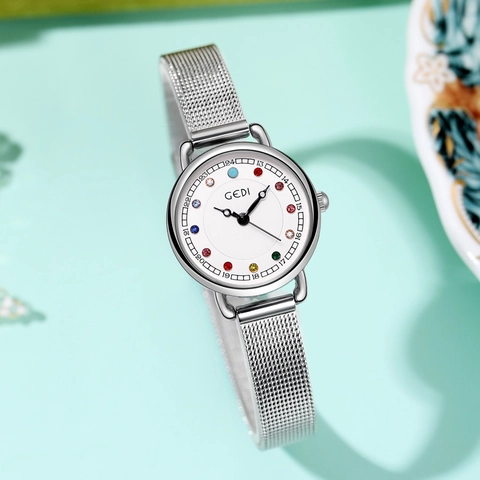Women Quartz Watch Stainless Steel Mesh Strap Colorful Crystal Hour Markers Waterproof Elegant Exquisite Wristwatch