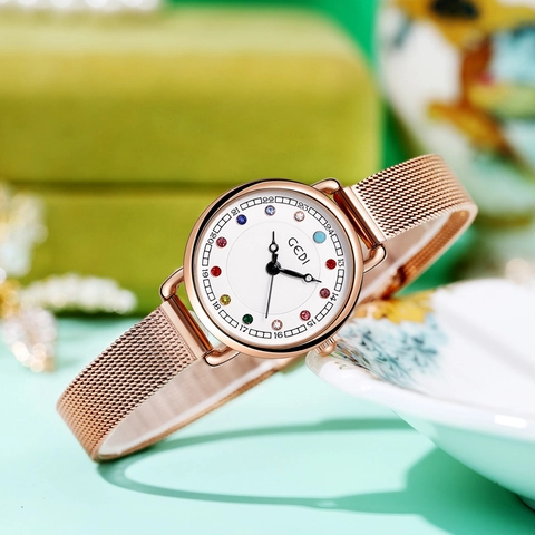 Women Quartz Watch Stainless Steel Mesh Strap Colorful Crystal Hour Markers Waterproof Elegant Exquisite Wristwatch