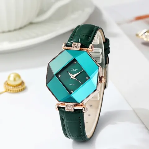 Women Quartz Watch Octagonal Geometric Glass Emerald Green Dial Rhinestone Alloy Case Leather Strap Fashion Elegant