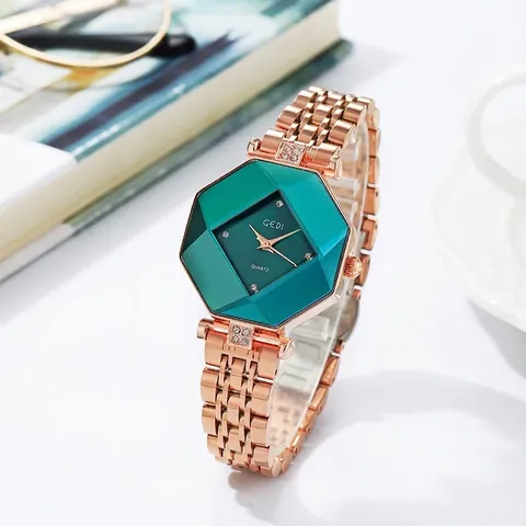 Women Quartz Watch Octagonal Geometric Glass Emerald Green Dial Rhinestone Alloy Case Leather Strap Fashion Elegant