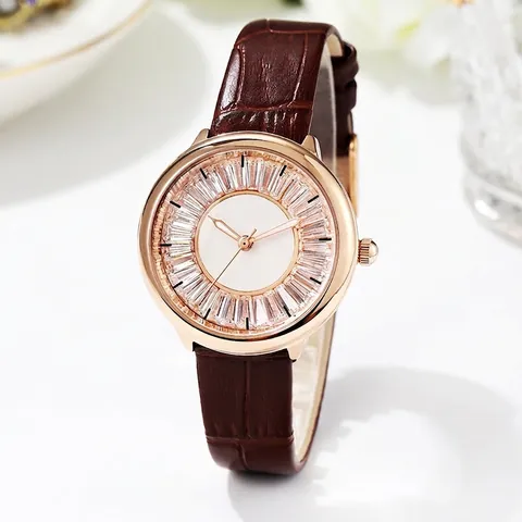 Women Fashion Quartz Watch Rose Gold Case Rhinestone Inlay Elegant Crocodile Pattern Leather Strap Waterproof Analog