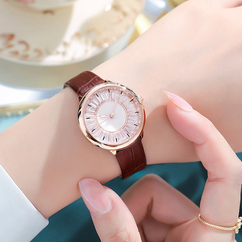 Women Fashion Quartz Watch Rose Gold Case Rhinestone Inlay Elegant Crocodile Pattern Leather Strap Waterproof Analog