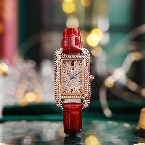 Orologio Quarzo Donna Cassa Rettangolare Lega Quadrante Strass Cinturino Pelle Sintetica Coccodrillo Impermeabile Elegante