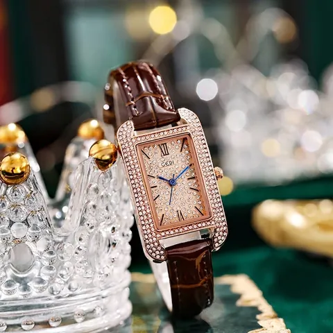 Orologio Quarzo Donna Cassa Rettangolare Lega Quadrante Strass Cinturino Pelle Sintetica Coccodrillo Impermeabile Elegante