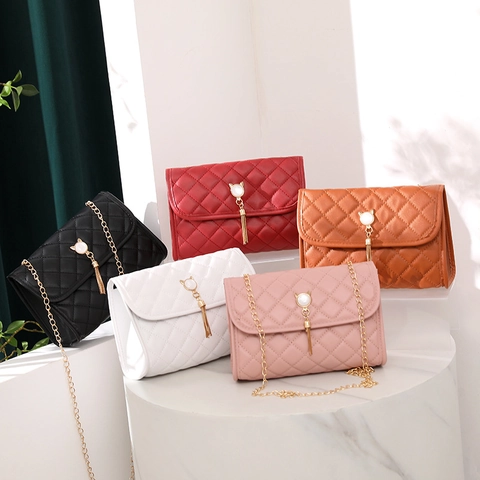 Bolso Bandolera Mujer Acolchado Cuero PU Cabeza De Gato Perla Artificial Borla Cadena Dorada Urbano Simple Pequeño Bolso Cuadrado