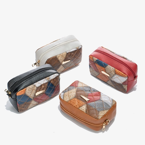 Women Patchwork Crossbody Bag PU Leather Geometric Quilted Camera Bag With Wide Adjustable Colorful Letter Print Strap