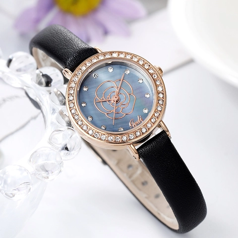 Women's Fashion Quartz Watch Rose Gold Case Rhinestone Bezel Leather Strap Floral Pattern Dial Elegant Casual Gift