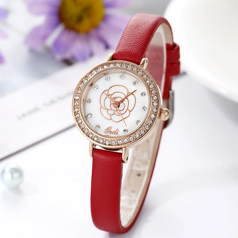 Women's Fashion Quartz Watch Rose Gold Case Rhinestone Bezel Leather Strap Floral Pattern Dial Elegant Casual Gift