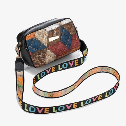 Women Patchwork Crossbody Bag PU Leather Geometric Quilted Camera Bag With Wide Adjustable Colorful Letter Print Strap