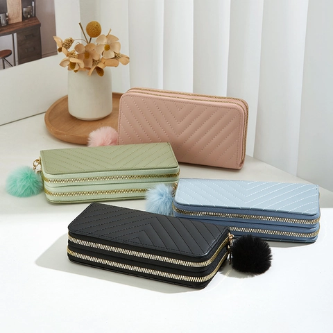 Women Long Wallet PU Leather Double Zipper Large Capacity Clutch Bag With Wristlet Pom Pom Charm Chevron Quilted Fashion
