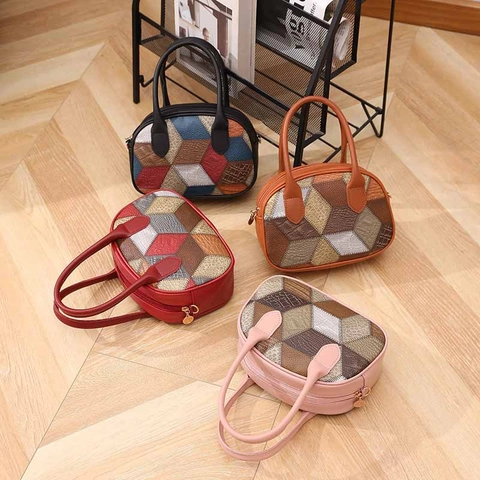 Borsa Boston Donna Pelle PU Patchwork Geometrico Borsa A Mano Borsa A Tracolla Con Tracolla Rimovibile Stile Retro Trendy