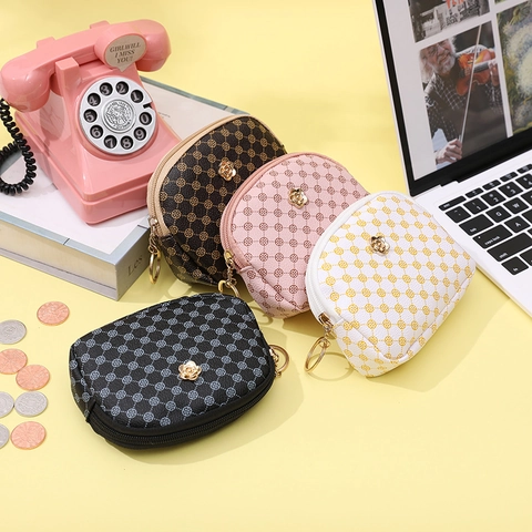 PU Leather Mini Coin Purse Clover Print Metal Flower Buckle Zipper Small Shell Clutch Women Travel