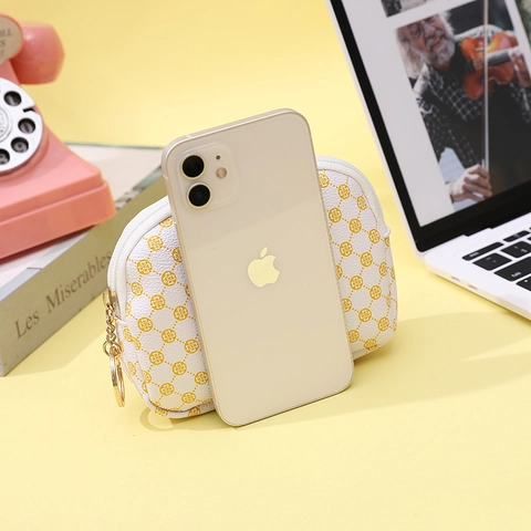 PU Leather Mini Coin Purse Clover Print Metal Flower Buckle Zipper Small Shell Clutch Women Travel