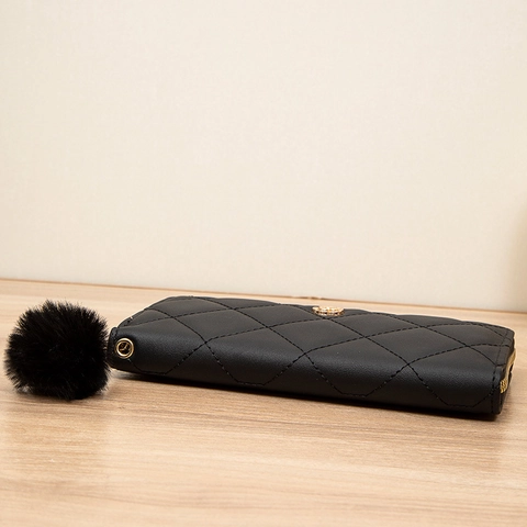 Damen Lang Geldbörse Gesteppt PU Leder Reißverschluss Handschlaufe Bommel Große Kapazität Kartenhalter Clutch Elegant