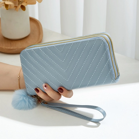 Women Long Wallet PU Leather Chevron Quilted Dual Zipper Clutch Bag With Pom Pom And Wristlet Large Capacity