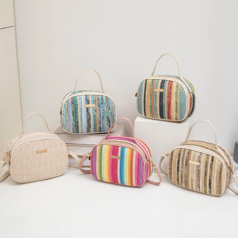Women Rainbow Stripe Straw Woven Handbag Summer Beach Vacation Crossbody Bag With PU Leather Handle Small Square