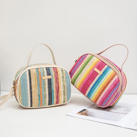 Women Rainbow Stripe Straw Woven Handbag Summer Beach Vacation Crossbody Bag With PU Leather Handle Small Square