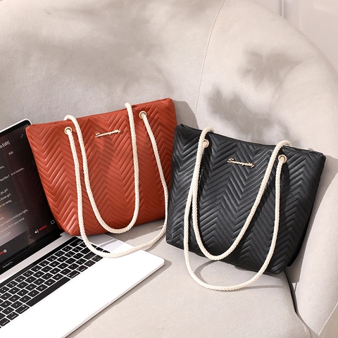 Gesteppte Shopper Tasche Damen PU Leder Mode Chevron Muster Seilgriff Große Kapazität Lässige Schultertasche