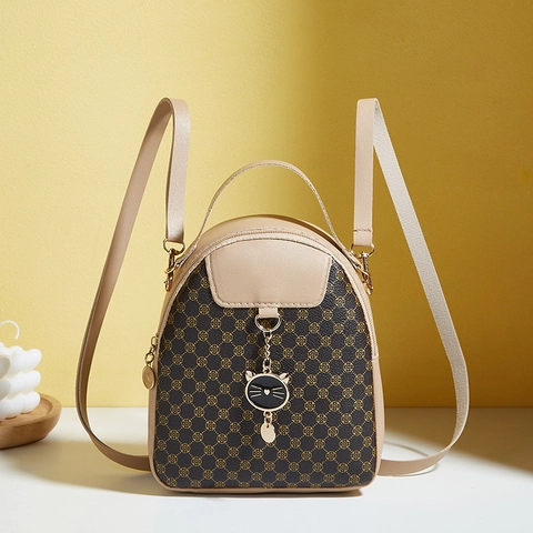 Mini Backpack For Women PU Leather Printed Contrast Color Fashion Small Shoulder Crossbody Bag With Cat Pendant