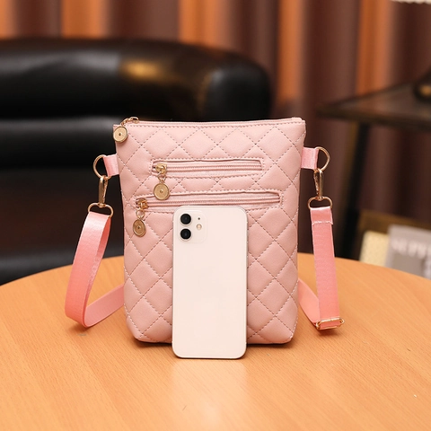 Quilted PU Leather Crossbody Bag Women Multi Zipper Pocket Small Shoulder Phone Pouch With Adjustable Fabric Strap