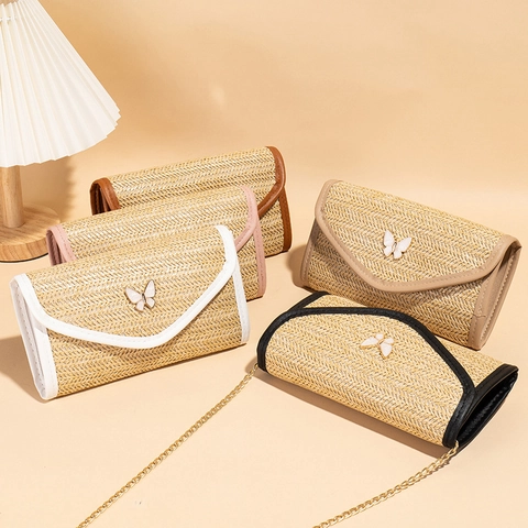 Women Straw Woven Crossbody Bag Butterfly Metal Buckle Chain Shoulder Strap Small Square Envelope Handbag Summer Casual