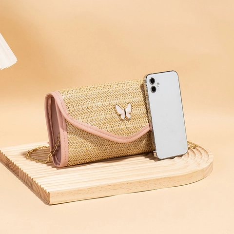 Women Straw Woven Crossbody Bag Butterfly Metal Buckle Chain Shoulder Strap Small Square Envelope Handbag Summer Casual