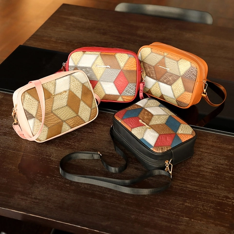 Women PU Leather Crossbody Bag Geometric Patchwork Crocodile Pattern Vintage Trendy Camera Bag Adjustable Strap