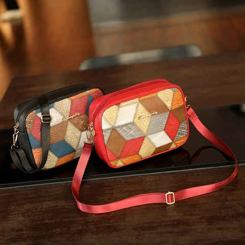 Women PU Leather Crossbody Bag Geometric Patchwork Crocodile Pattern Vintage Trendy Camera Bag Adjustable Strap