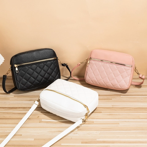 Dames Gewatteerde PU Leren Crossbodytas Mode Eenvoudig Ruitjespatroon Dubbele Rits Kleine Camera Schoudertas Chique