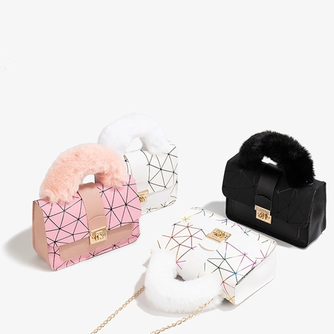 Dames Handtas Met Geometrisch Patroon PU Leer Kleine Vierkante Tas Handvat Van Imitatiebont Ketting Schoudertas