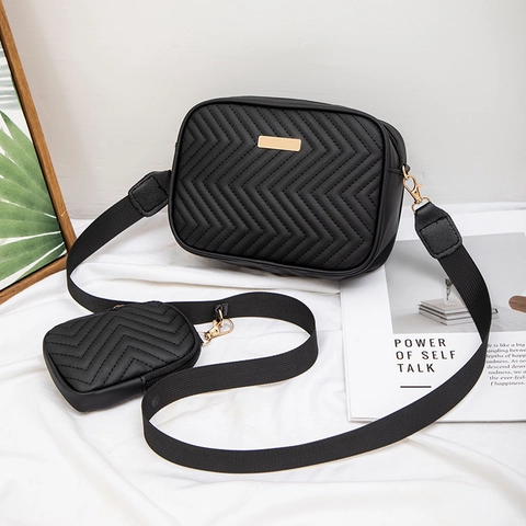 Women Chevron Quilted Crossbody Bag PU Leather Shoulder Bag With Small Pouch Wide Adjustable Strap Gold Hardware Fashion