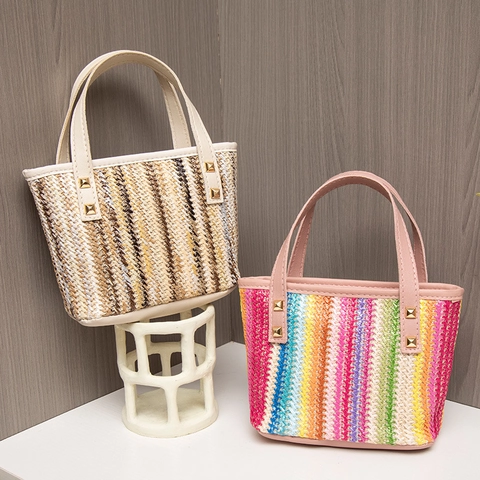 Women Straw Woven Handbag Colorful Rainbow Stripe Vintage Basket Tote PU Leather Handle Golden Rivets Casual Summer Style