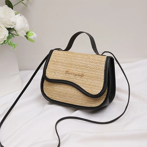 Women Straw Woven Handbag With Synthetic Leather Trim Mini Square Crossbody Bag For Summer Beach Vacation Wave Flap