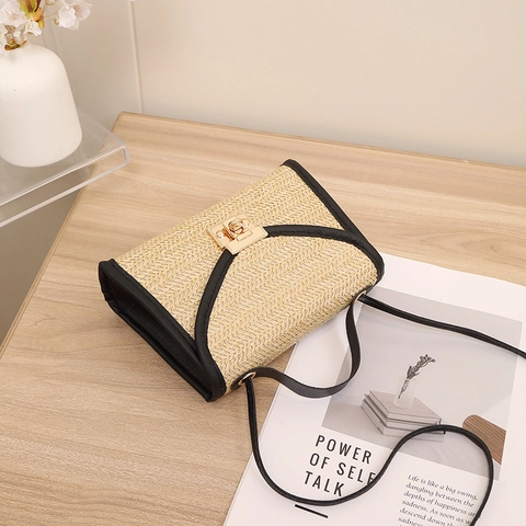 Woven Straw Crossbody Bag With PU Leather Piping And Metal Lock Vacation Casual Small Handbag For Women