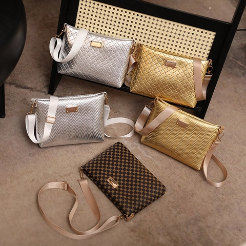 Women Crossbody Shoulder Bag PU Leather Quilted Chevron Pattern Envelope Chic Metallic Small Purse With Adjustable Strap