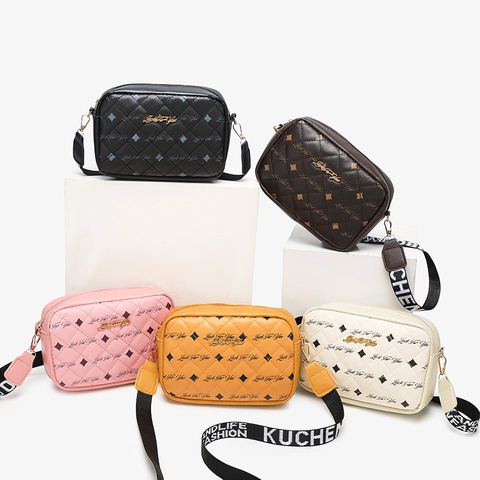 Quilted Crossbody Bag Women PU Leather Printed Small Square Camera Handbag With Wide Woven Strap Fashion Casual