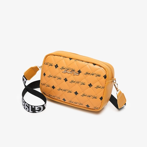 Quilted Crossbody Bag Women PU Leather Printed Small Square Camera Handbag With Wide Woven Strap Fashion Casual