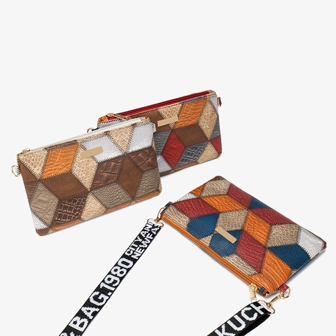 Bolso Bandolera Patchwork Geométrico para Mujer Cuero PU Bloque de Color Con Correa Ancha de Letras Bolso Moda Casual