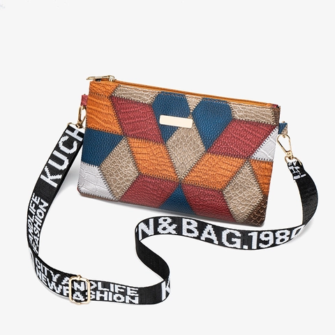 Bolso Bandolera Patchwork Geométrico para Mujer Cuero PU Bloque de Color Con Correa Ancha de Letras Bolso Moda Casual
